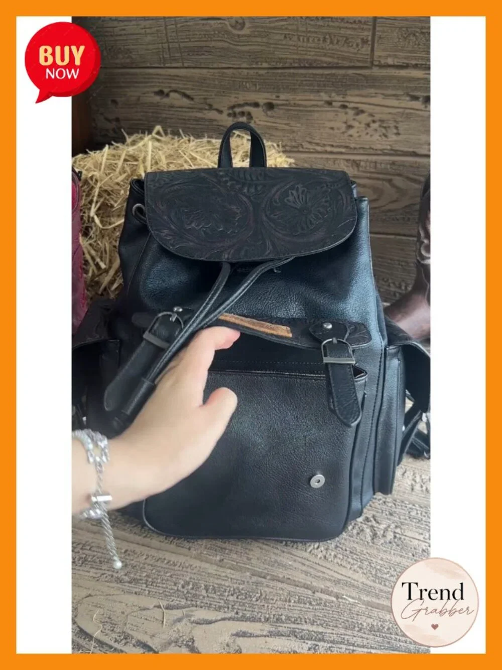 Western Floral Tooled Backpack Purse with Drawstring Closure, Adjustable Strap